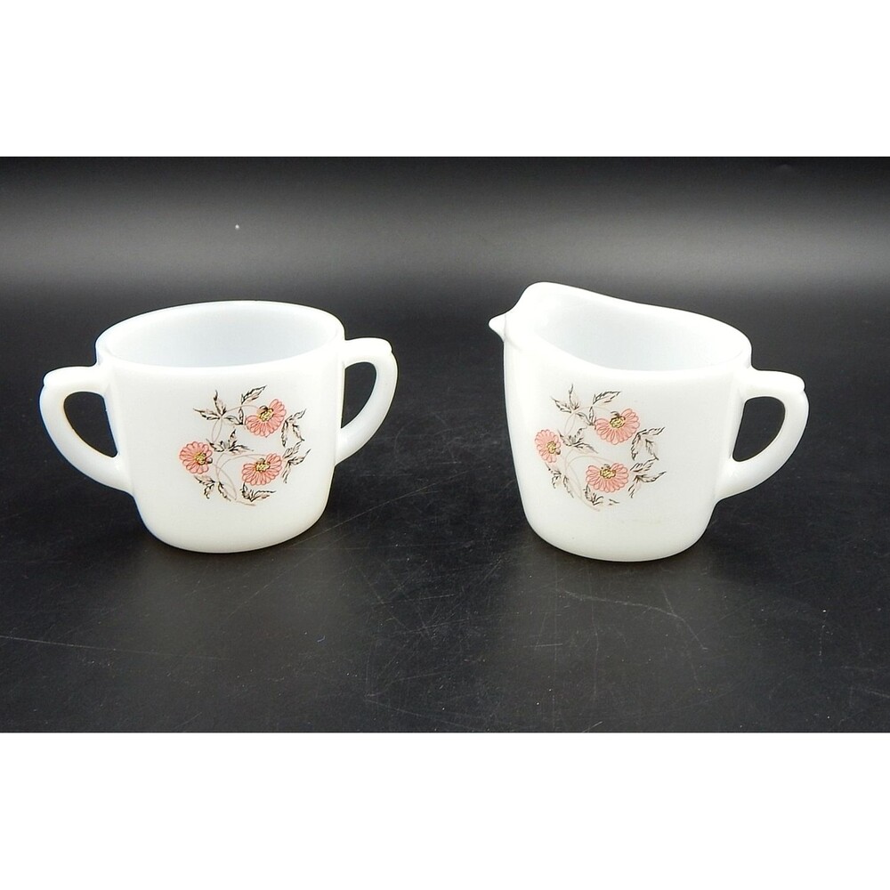 Fire King Pink Fleurette Sugar Bowl & Creamer Set Anchor Hocking Vintage